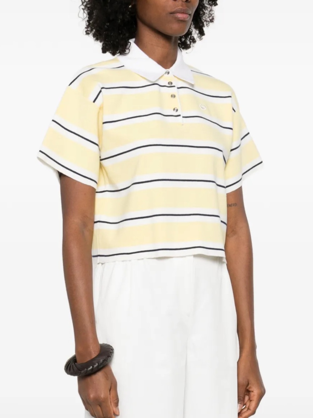 Maje Striped Cropped Polo in Pale Yellow and White